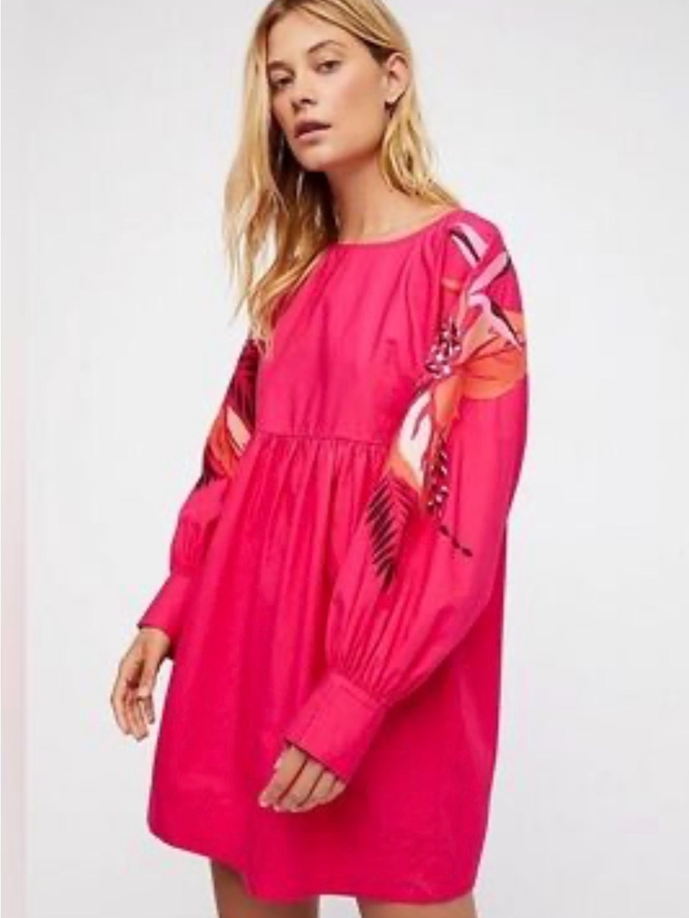Free People Mini Obsessions Embroidered Balloon Sleeve Babydoll Mini Dress S
